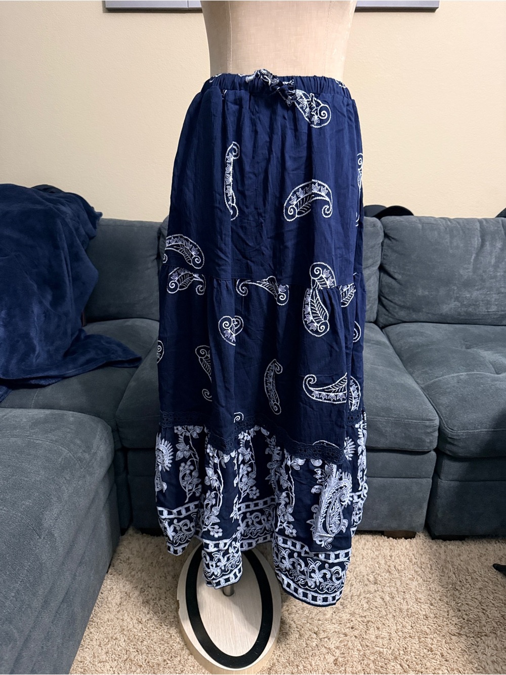 Navy Paisley Tiered Maxi Skirt
